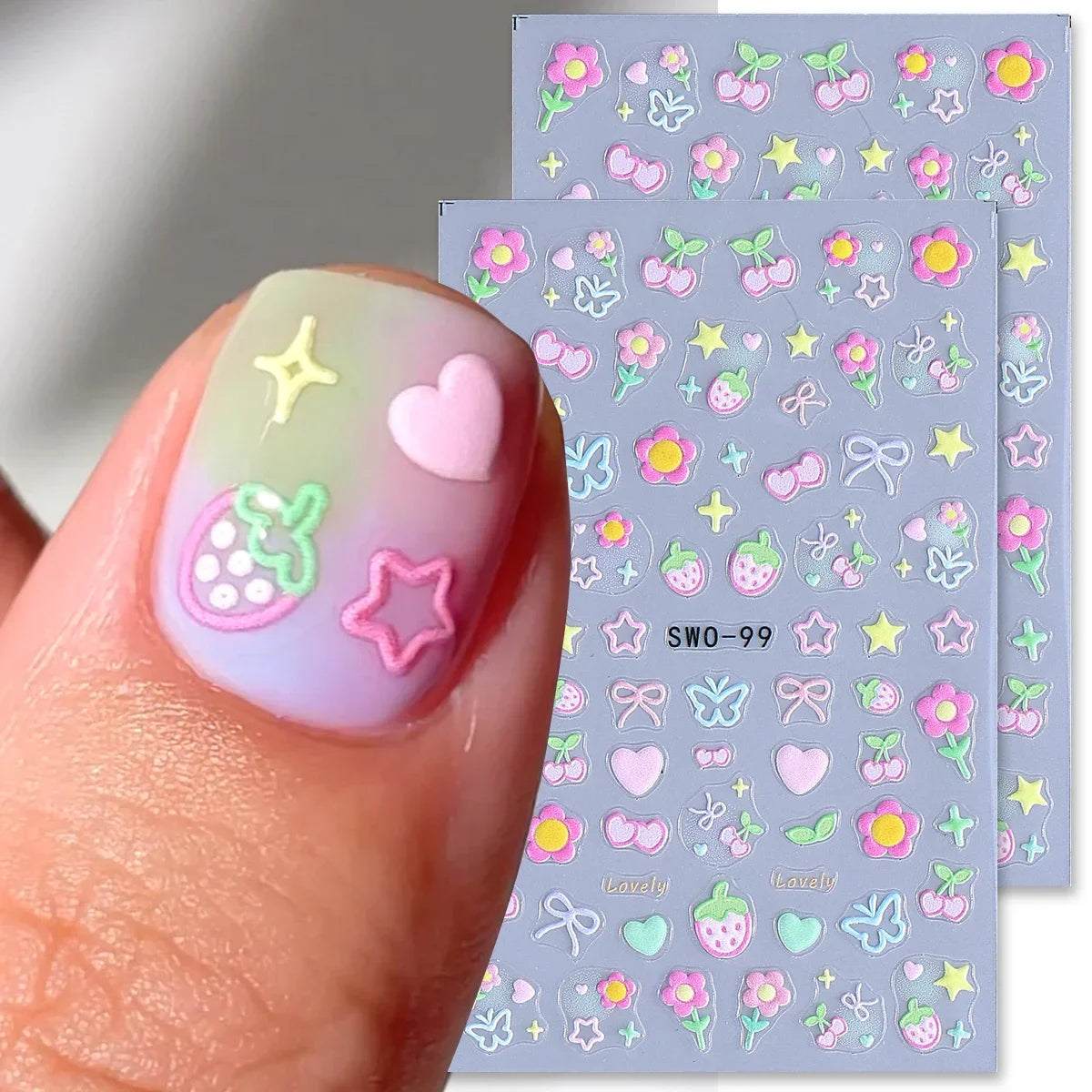 Colorful Blushimmer nail art stickers featuring flowers, hearts, cherries, strawberries, bows, butterflies, and kawaii designs for manicures.