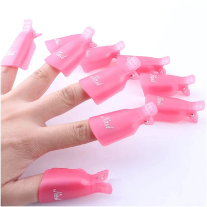 Set of 10 reusable gel nail polish remover cap clips by Blushimmer for finger and toe acrylic and gel nail polish removal.