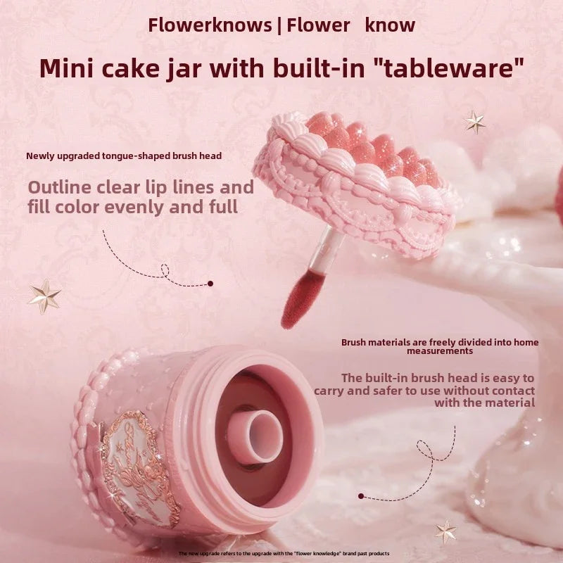 Blushimmer Flowerknows Strawberry Cupid lipstick cake with matte velvet finish and lip gloss, featuring pink and red floral packaging.