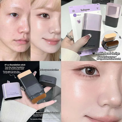 Blushimmer 2-in-1 concealer and foundation stick with full coverage and dewy finish, natural skin-like look for acne scars.