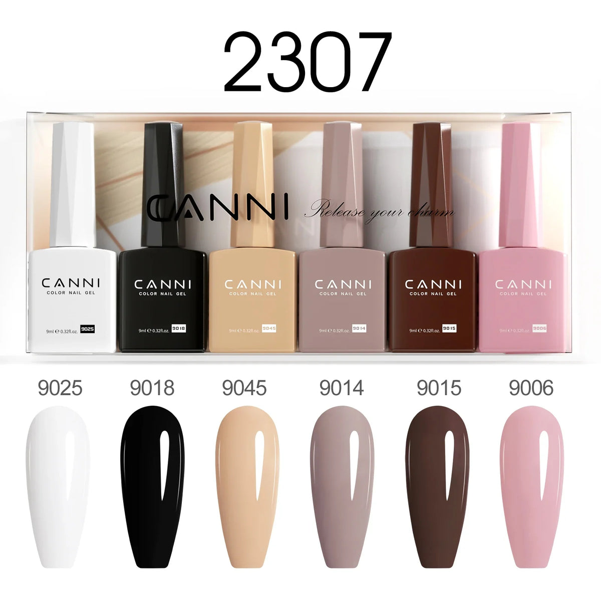 Blushimmer 6pcs 9ml CANNI HEMA Free nail gel polish set with vibrant semi-permanent UV/LED gel colors for gel nails art.