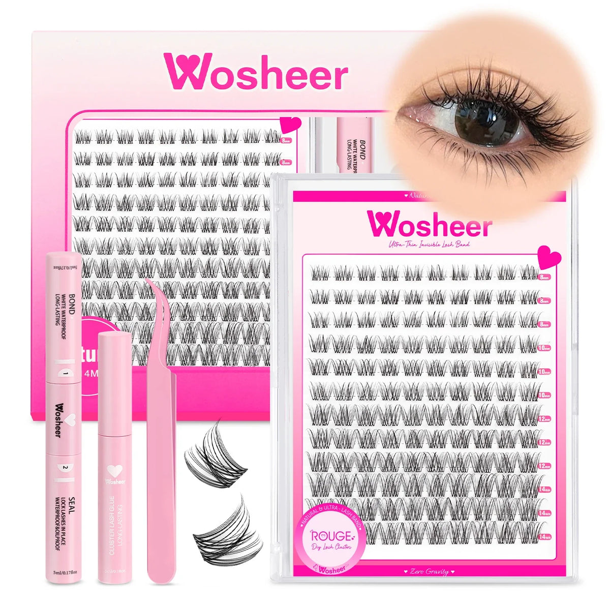 Blushimmer WOSHEER eyelash clusters kit with faux mink lashes, lash bond, seal, and remover for DIY eyelash extension application.