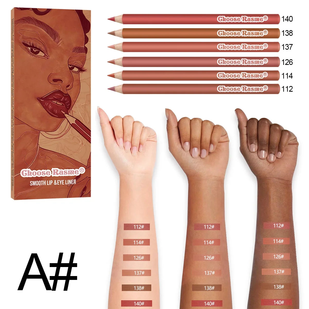 Blushimmer 6-piece waterproof lip liner pencil set in nude shades, with smooth, non-stick texture and vibrant color options.
