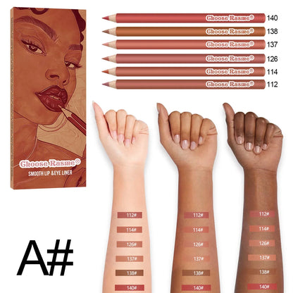 Blushimmer 6-piece waterproof lip liner pencil set in nude shades, with smooth, non-stick texture and vibrant color options.
