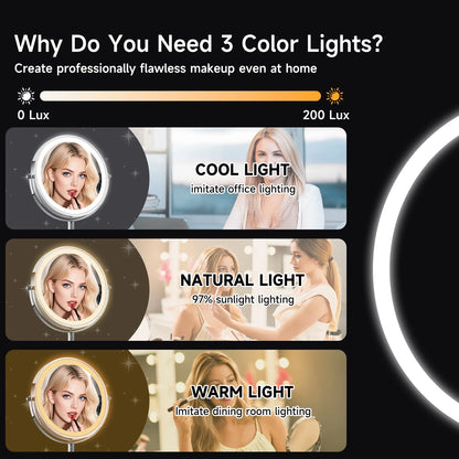 Blushimmer lighted makeup mirror with bright LEDs, 1x/10x magnification, touch control, 360° rotation, rechargeable tabletop vanity mirror.