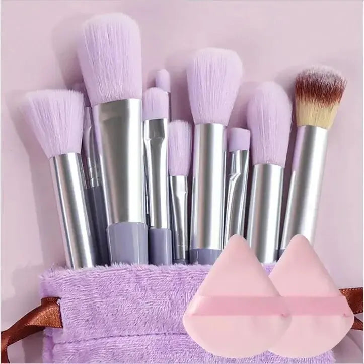 Soft, fluffy Blushimmer makeup brush set with foundation, eyeshadow, and kabuki brushes for professional blending and cosmetic application.