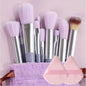 Soft, fluffy Blushimmer makeup brush set with foundation, eyeshadow, and kabuki brushes for professional blending and cosmetic application.