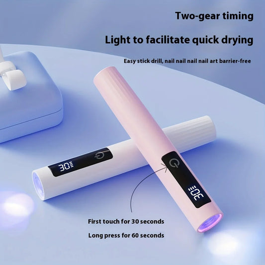 Blushimmer handheld mini LED nail lamp with stand, LCD screen, and adjustable levels for fast gel nail curing.