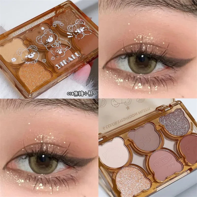 Blushimmer 6-color matte eyeshadow palette with shimmering gray, smoky red, black, and wine red shades for eye makeup.