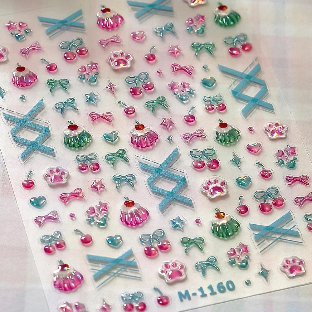 Cute red cherry bowknot 5D nail art stickers with shiny crystals and rhinestones, perfect for DIY manicure decoration.