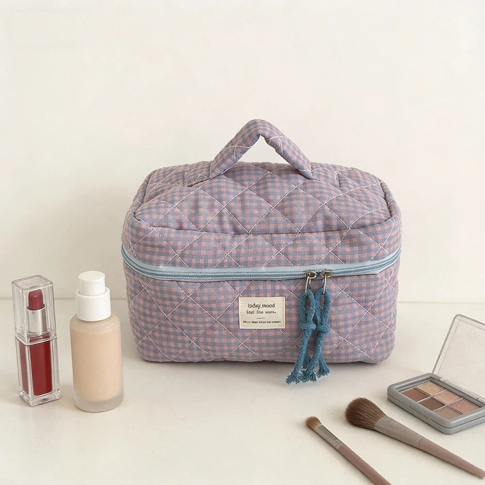 Pink Blushimmer Airfriend makeup bag with soft fabric, girl’s cosmetic and toiletry organizer for travel and daily use.
