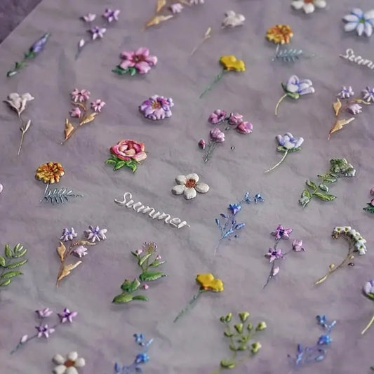 Blushimmer 5D floral leaf nail stickers featuring summer floral and plant designs for self-adhesive nail art decor.
