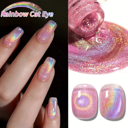 Rainbow cat's eye gel nail polish by Blushimmer, 15ml, featuring vibrant colors, UV LED curing, long-lasting, fast drying nail art gel.