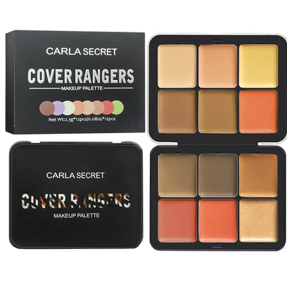 Blushimmer 12-color concealer, blush, and contour palette with matte cream shades for all-in-one face makeup.