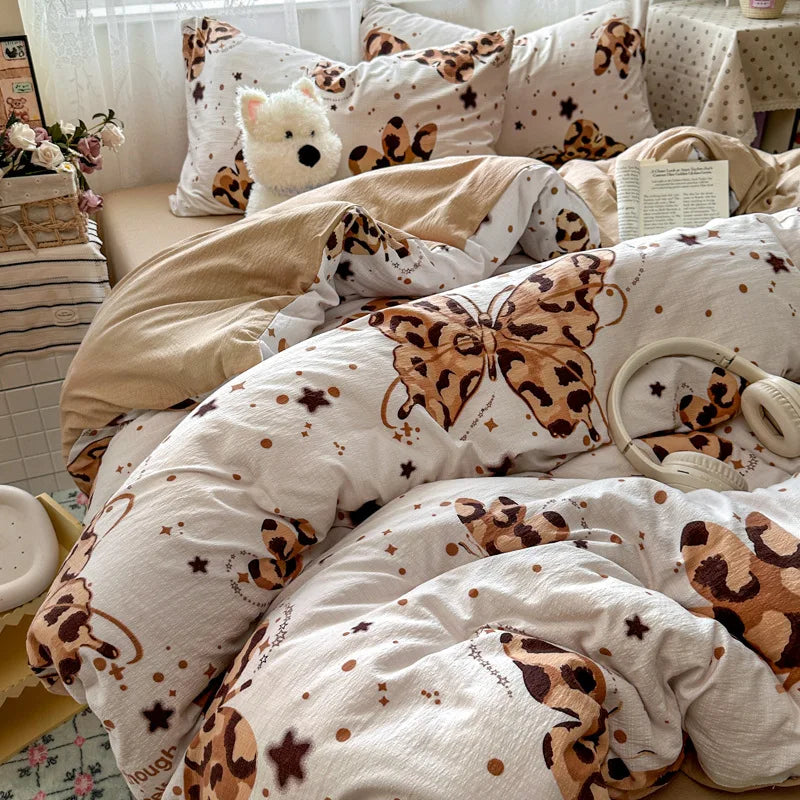 New Cartoon Printed Cotton and Linen Bed Sets Skin-Friendly Colorfast Bedding Set for Four Seasons Soft Breathable Bedroom Decor