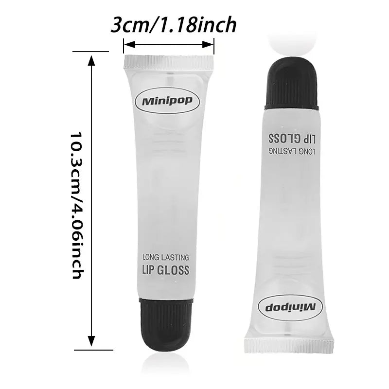Set of clear lip gloss tubes from Blushimmer with high-shine finish, hydrating, non-sticky lip care cosmetics in 18ml bottles.