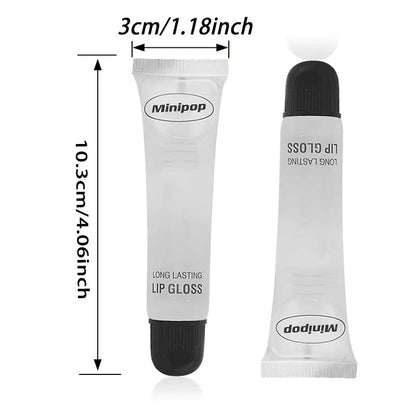 Set of clear lip gloss tubes from Blushimmer with high-shine finish, hydrating, non-sticky lip care cosmetics in 18ml bottles.