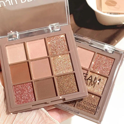 Blushimmer 9-18 color eyeshadow palette with velvet matte and shimmer shades in berry, brown, and nude tones.