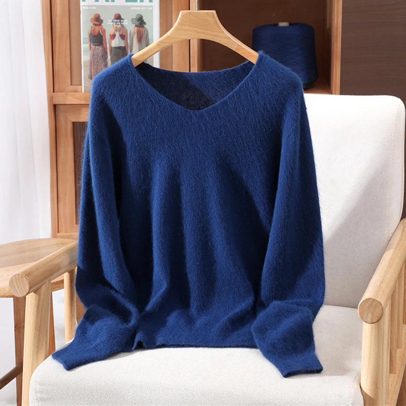 Autumn And Winter New High-End Female Mink Cashmere Sweater Solid Color Long-Sleeved Wool Knit Bottoming Sweater Loose Top