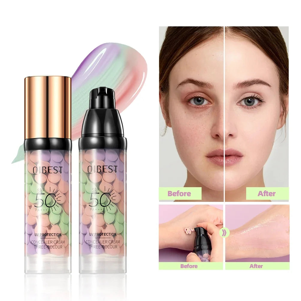 Blushimmer Qibest three-color press release cream concealer and face primer, brightening liquid makeup for even skin tone.
