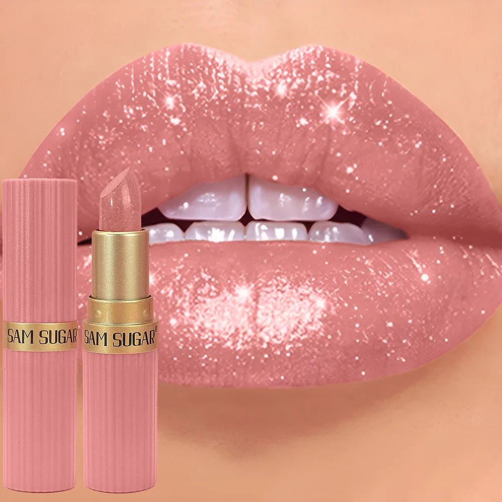Chocolate brown metallic lipstick with shimmering pearl finish, long-lasting, waterproof, and non-fade lip gloss by Blushimmer.