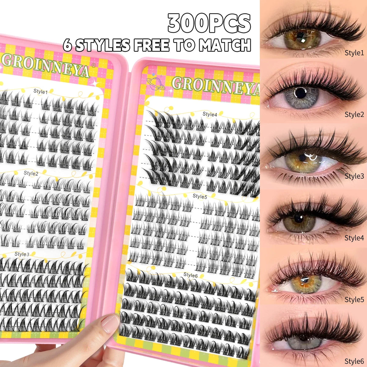Blushimmer GROINNEYA eyelash clusters tray with 320 natural mixed volume lash extensions, perfect for eyelash extension application.