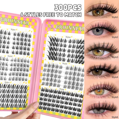 Blushimmer GROINNEYA eyelash clusters tray with 320 natural mixed volume lash extensions, perfect for eyelash extension application.