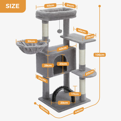 Aaiwang Pet Products Cat Tree with plush perch, cozy hammock, sisal scratching posts, and toy for indoor cats.