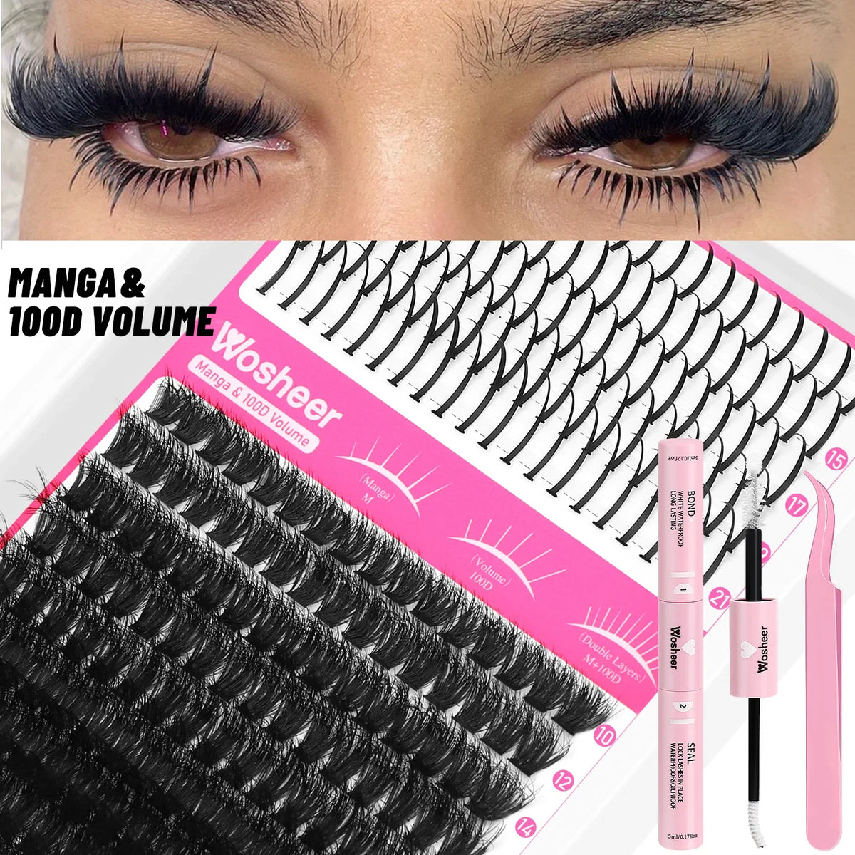 Blushimmer WOSHEER Lash Clusters Kit with spiky eyelash extension clusters and individual volume lashes for DIY lash enhancement.