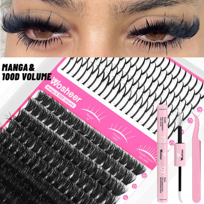 Blushimmer WOSHEER Lash Clusters Kit with spiky eyelash extension clusters and individual volume lashes for DIY lash enhancement.