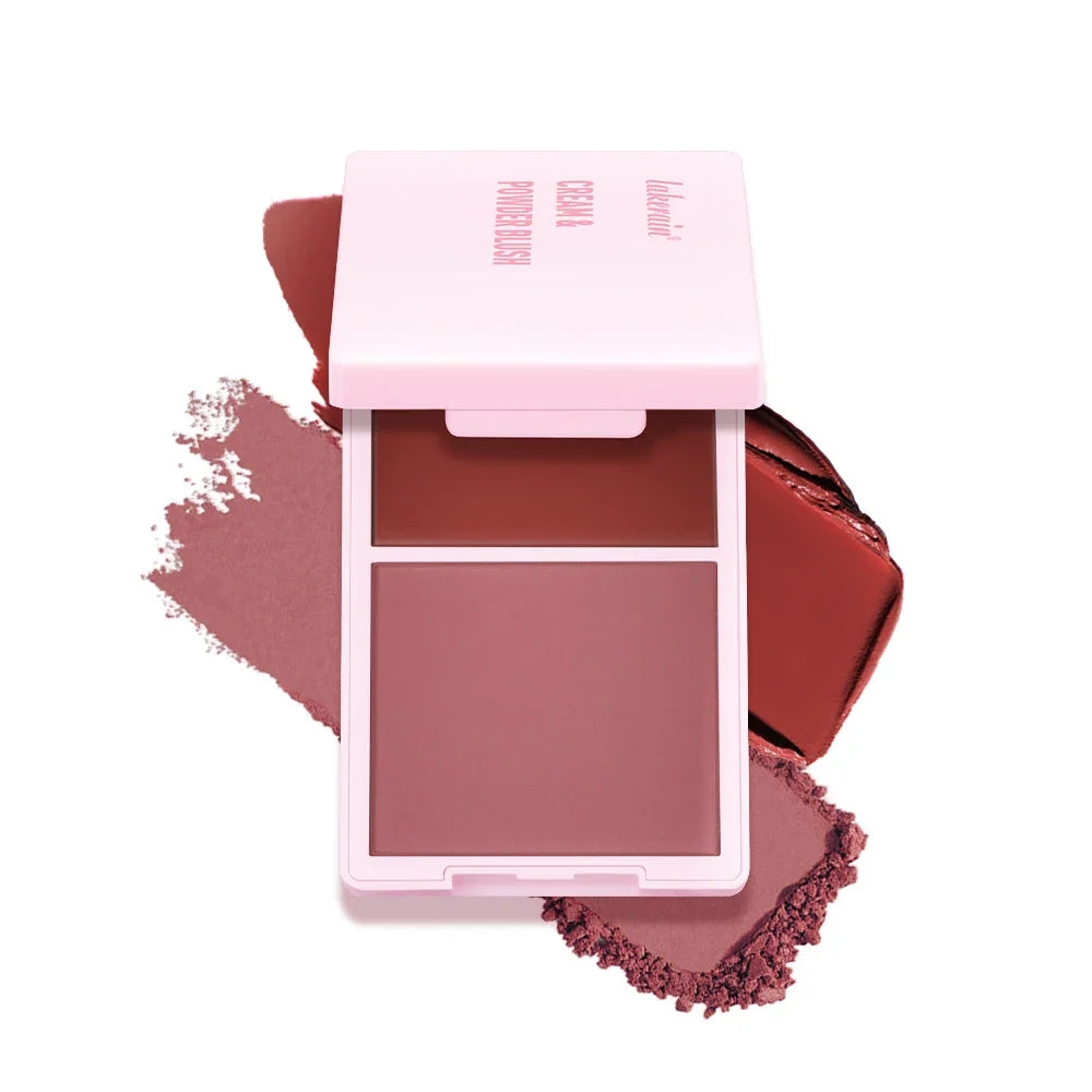 Blushimmer Cream Powder Matte Blush Duo in rose shades, featuring high-pigment, natural matte finish for long-lasting wear.