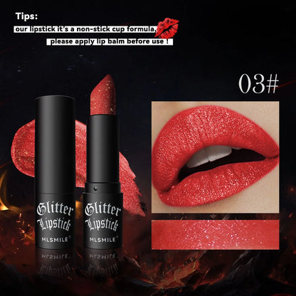 Black metallic lipstick by Blushimmer with glitter and diamond pearl finish, long-lasting waterproof lip gloss for women.