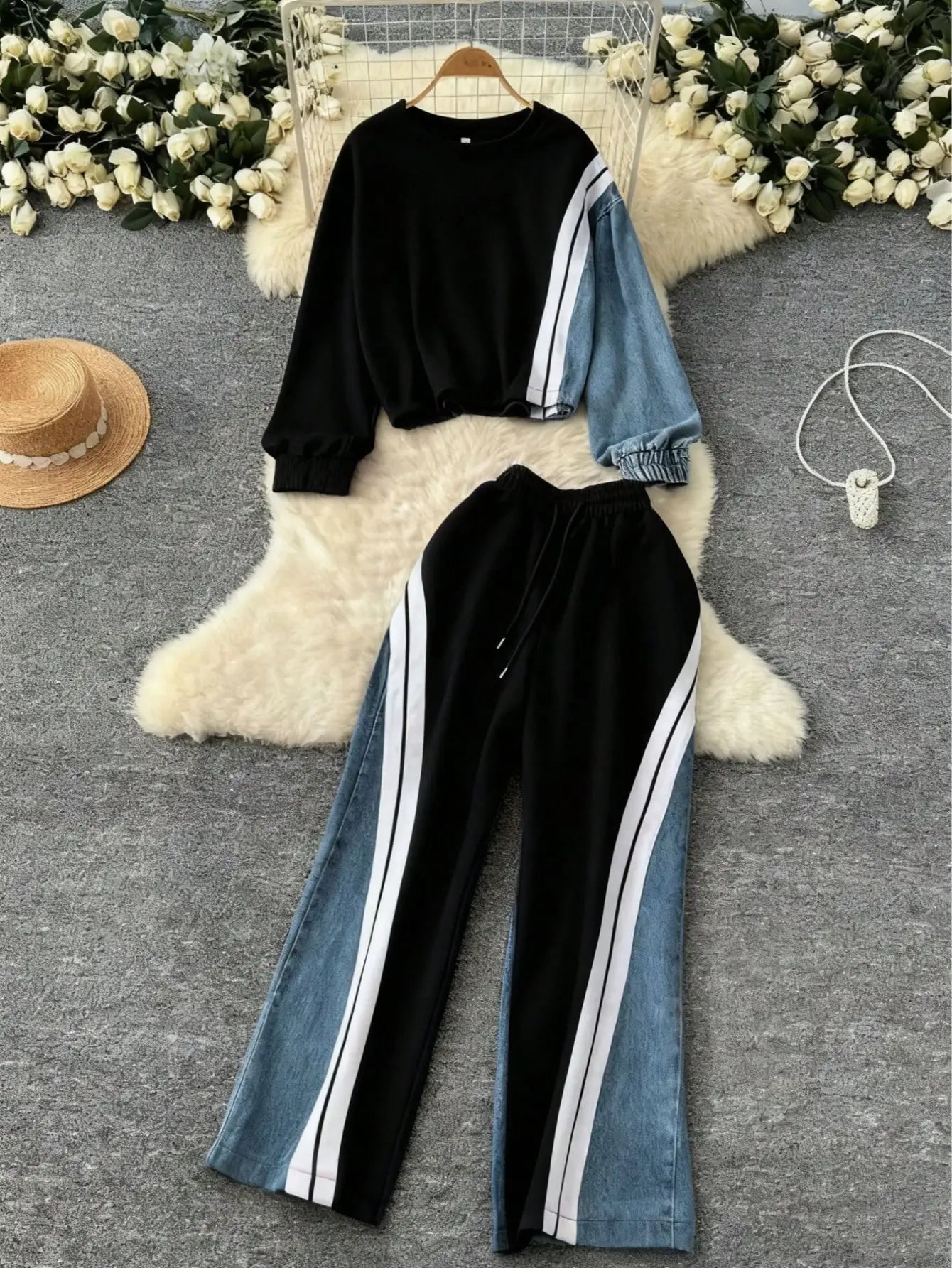 BWQ Women's Denim Patchwork Co-Ord Set - Matching Jeans Set With Color Block Design | Long Sleeve Tracksuit & Contrast Stitching