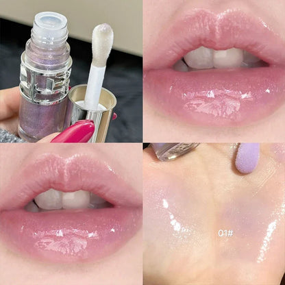 Blushimmer transparent moisturizing lip gloss with mirror, hydrating tinted lip oil and plumper for dry lips, shown on a model.