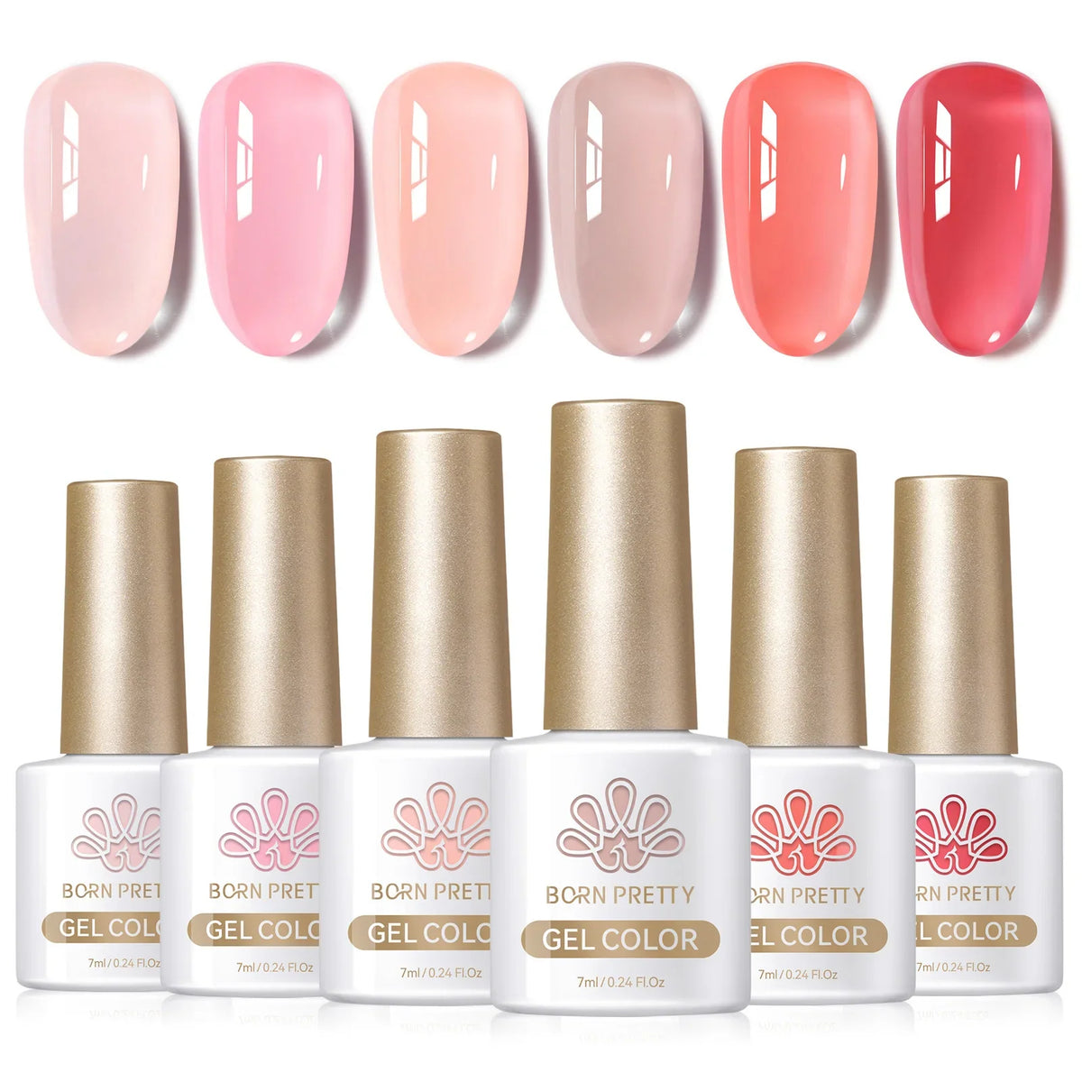 Six-piece Born Pretty Crystal Amber Gel Nail Polish set in jelly pink and nude shades for semi-permanent UV and LED manicures.