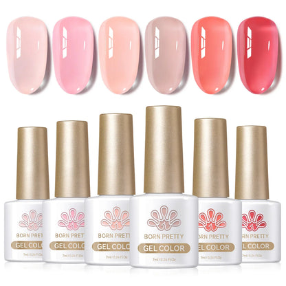 Six-piece Born Pretty Crystal Amber Gel Nail Polish set in jelly pink and nude shades for semi-permanent UV and LED manicures.