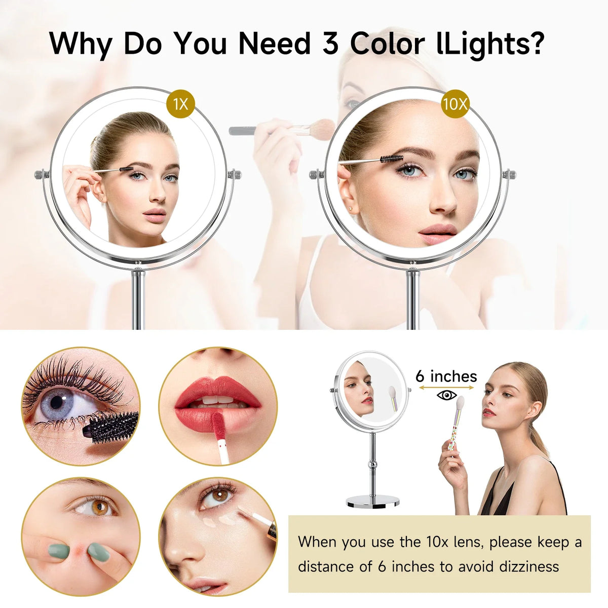 Blushimmer lighted makeup mirror with brighter LEDs, 1x/10x magnification, touch control, rechargeable, tabletop vanity mirror.