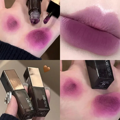 Gothic gray and purple velvet matte lipstick by Blushimmer, long-lasting, waterproof lip gloss with a black brown tint.