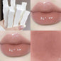 Blushimmer mirror lip gloss in six colors with floral transparent tube, moisturizing nude liquid lipstick for long-lasting makeup.