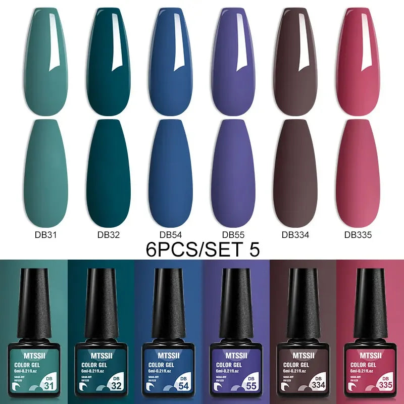 Blushimmer MTSSII 6-piece set of sparkly red gel nail polishes with shiny finish for LED UV gel manicures and nail art.