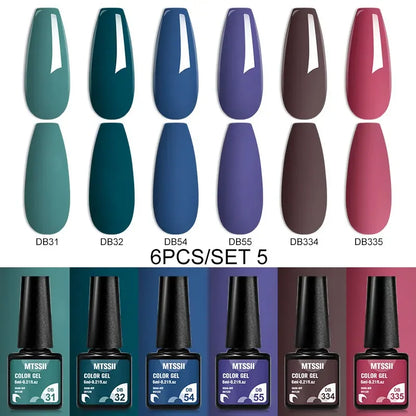 Blushimmer MTSSII 6-piece set of sparkly red gel nail polishes with shiny finish for LED UV gel manicures and nail art.