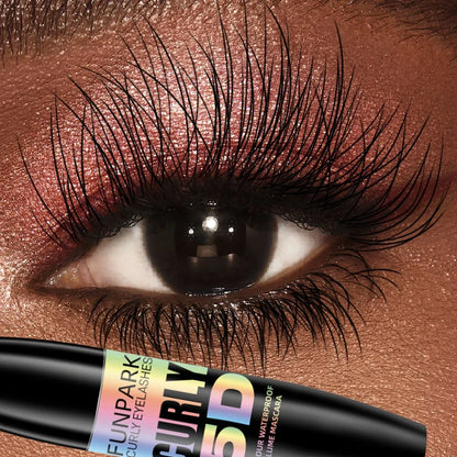 Black 5D fiber waterproof mascara by Blushimmer with thickening and lengthening effects, shown in close-up application on eyelashes.