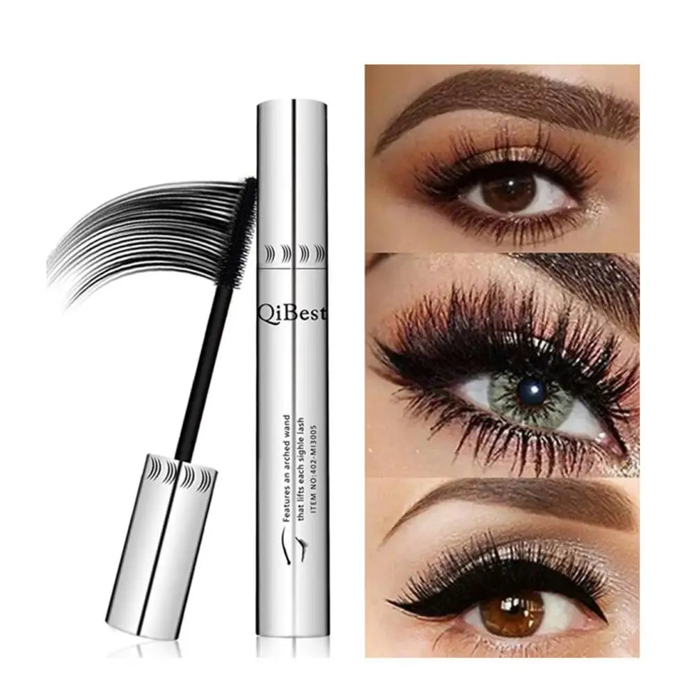 Qibest 4D Silk Fiber Mascara in black, waterproof formula, showing lengthened, voluminous eyelashes with a natural curl.