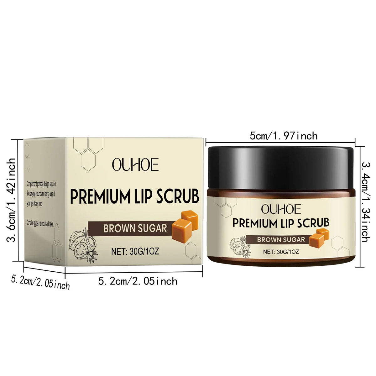Blushimmer brown sugar lip scrub in 30g jar, gentle exfoliating lip care for dry, chapped lips with moisturizing and nourishing formula.