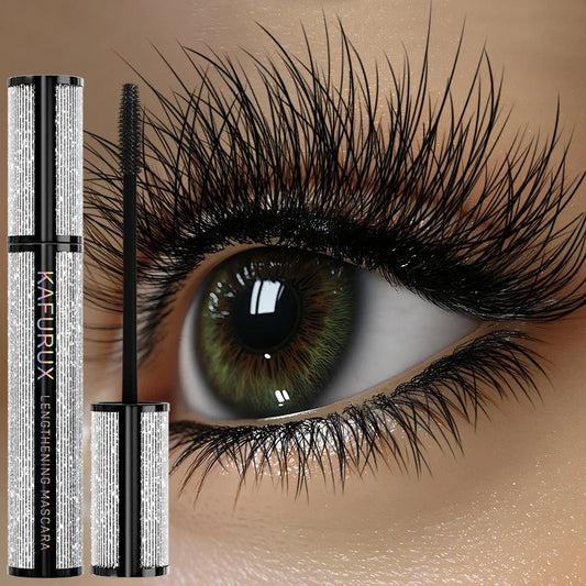 Black lengthening mascara by Blushimmer, waterproof and long-wearing, displayed in a sleek tube with a brush applicator.