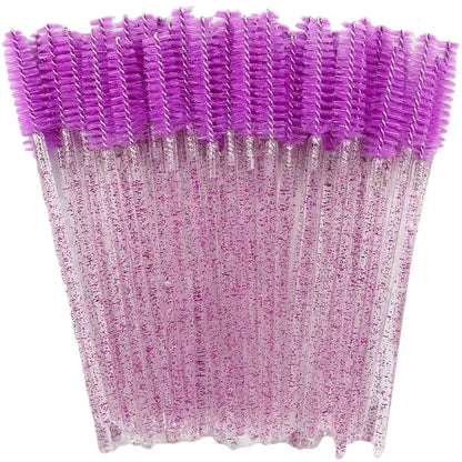 Set of 50 disposable eyelash brushes with crystal handles by Blushimmer, ideal for mascara application and lash extensions.