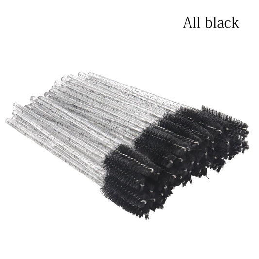 Set of 50 disposable makeup brushes with crystal handles, eyelash and eyebrow applicators, mascara wands, and extension tools by Blushimmer.