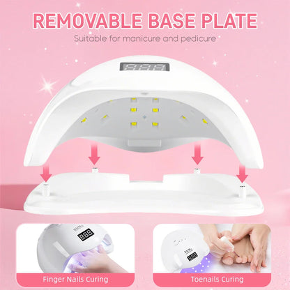 Blushimmer SUN5 UV LED Nail Lamp with 48W curing gel nails, LCD display, automatic sensor, and four timer settings.