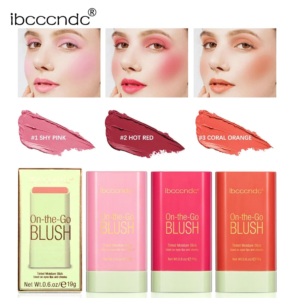 Blushimmer waterproof makeup blush stick in bright red, easy to apply, high color payoff, and skin-brightening cream blush.