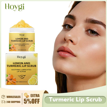 Blushimmer turmeric lip scrub with exfoliating texture, moisturizing and nourishing for smooth, chapped lips and reduced lip lines.